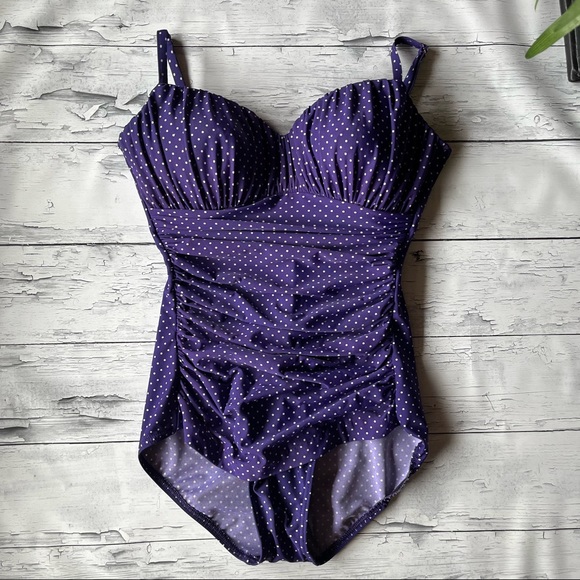 Miraclesuit Purple Polka Dot One Piece Swimsuit Size 8 - Picture 4 of 12